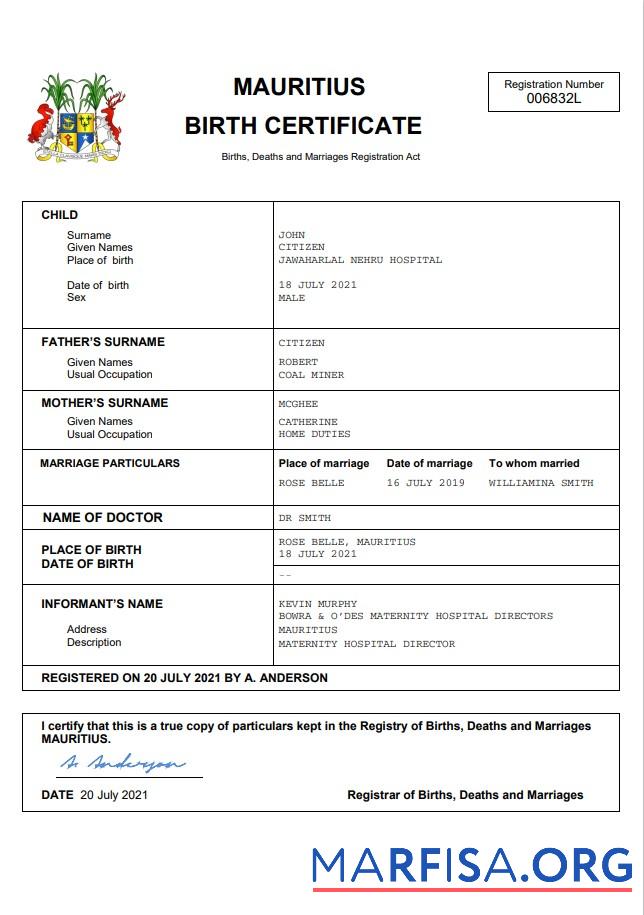 Downloadable Mauritius vital record birth certificate Word and PDF template